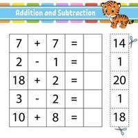 Addition and subtraction. Task for kids. Education developing worksheet. Activity page. Game for children. Funny character. Isolated vector illustration. Cartoon style.