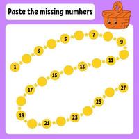 Paste the missing numbers. Handwriting practice. Learning numbers for kids. Wood basket. Education developing worksheet. Game for children. Isolated vector illustration in cartoon style.