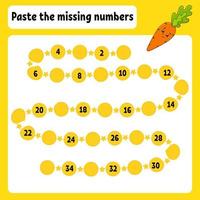 Paste the missing numbers. Handwriting practice. Learning numbers for kids. Education developing worksheet. Color activity page. Vegetable carrot. Isolated vector illustration in cartoon style.