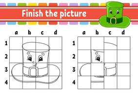 Finish the picture. Leprechaun hat. Coloring book pages for kids. Education developing worksheet. Game for children. Handwriting practice. Cartoon character. Vector illustration.