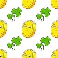 Color seamless pattern. Gold coin. St. Patrick's Day. Cartoon style. Hand drawn. Vector illustration isolated on white background.