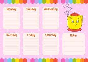 School schedule. Timetable for schoolboys. Empty template. Weekly planer with notes. Isolated color vector illustration. Cartoon character.