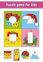 Puzzle game for kids. Cut and paste. Christmas theme. Cutting practice. Learning shapes. Education worksheet. Circle, square, rectangle, triangle. Activity page. Cartoon character. vector