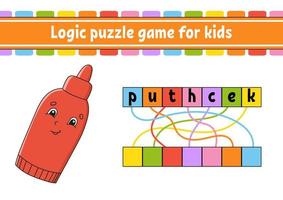 Logic puzzle game. Learning words for kids. Find the hidden name. Worksheet, Activity page. English game. Isolated vector illustration. Cartoon character.