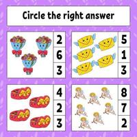 Circle the right answer. Education developing worksheet. Activity page with pictures. Valentine's Day. Game for children. Color isolated vector illustration. Funny character. Cartoon style.