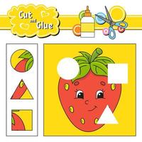 Cut and glue. Game for kids. Education developing worksheet. Cartoon strawberry character. Color activity page. Hand drawn. Isolated vector illustration.