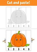 Learning numbers 1-5. Cut and glue. Pumpkin character. Education developing worksheet. Game for kids. Activity page. Color isolated vector illustration. Cartoon style.