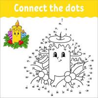 Dot to dot game. Draw a line. Christmas burning candles decorated with holly leaves. For kids. Activity worksheet. Coloring book. With answer. Cartoon character. vector