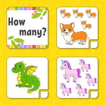 Counting game for children. Happy characters. Learning mathematics. How many object in the picture. Education worksheet. With space for answers. Isolated vector illustration in cute cartoon style.