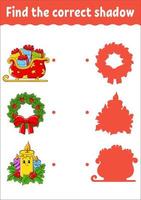 Find the correct shadow. Christmas theme. Education developing worksheet. Matching game for kids. Color activity page. Puzzle for children. Cute character. Vector illustration. Cartoon style.