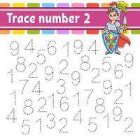 Trace number 2. Handwriting practice. Learning numbers for kids. Education developing worksheet. Activity page. Game for toddlers and preschoolers. Isolated vector illustration in cute cartoon style.