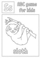 Letter S is for sloth. ABC game for kids. Alphabet coloring page. Cartoon character. Word and letter. Vector illustration.