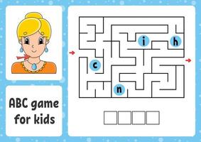 ABC maze for kids. Answer chin. Rectangle labyrinth. Activity worksheet. Puzzle for children. Cartoon style. Logical conundrum. Color vector illustration.