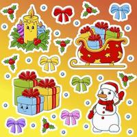 Set of stickers with cute cartoon characters. Christmas theme. Hand drawn. Colorful pack. Vector illustration. Patch badges collection. Label design elements. For daily planner, diary, organizer.