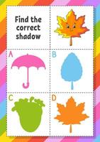 Find the correct shadow. Education developing worksheet for kids. Puzzle game. Activity page. Cartoon character. Autumn theme. vector