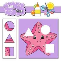 Cut and glue. Game for kids. Education developing worksheet. Cartoon starfish character. Color activity page. Hand drawn. Isolated vector illustration.