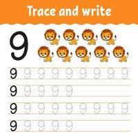 Trace and write. Handwriting practice. Learning numbers for kids. Education developing worksheet. Activity page. Game for toddlers and preschoolers. Isolated vector illustration in cute cartoon style.