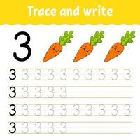 Number 3. Trace and write. Handwriting practice. Learning numbers for kids. Education developing worksheet. Color activity page. Isolated vector illustration in cute cartoon style.