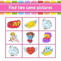 Find two same pictures. Task for kids. Education developing worksheet. Activity page. Color game for children. Funny character. Isolated vector illustration. Cartoon style. Valentine's Day.