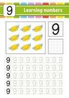 Number 9. Trace and write. Handwriting practice. Learning numbers for kids. Education developing worksheet. Activity page. Game for toddlers. Isolated vector illustration in cute cartoon style.
