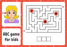 ABC maze for kids. Answer ear. Rectangle labyrinth. Activity worksheet. Puzzle for children. Cartoon style. Logical conundrum. Color vector illustration.