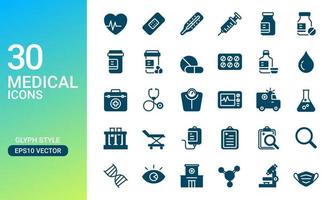 Medical and health icons set in glyph style. Perfect for design element from healthcare service app. Hospital and clinic UI UX vector