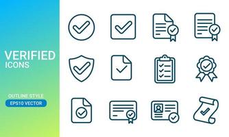 Verified icons set in outlined style. Suitable for design element of document certification and identity verification app UI UX. Approved files notification icons set. vector