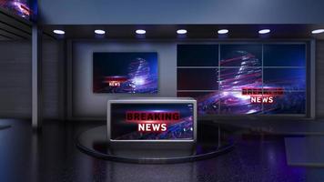 Notizie di studio tv virtuale 3d con schermo verde, rendering 3d video