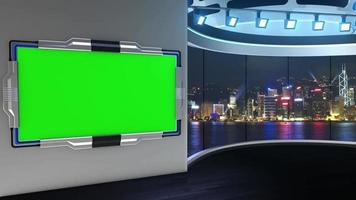 3D virtueel tv-studionieuws met groen scherm, 3D-rendering