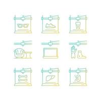 Additive manufacturing gradient linear vector icons set. Producing 3d models. Printed prosthetics. Bioprinting. Thin line contour symbols bundle. Isolated outline illustrations collection