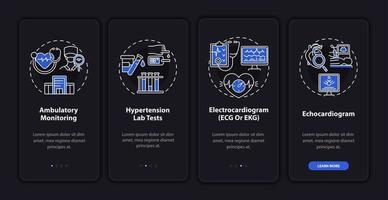 Hypertension diagnosis onboarding mobile app page screen. Laboratory testing walkthrough 4 steps graphic instructions with concepts. UI, UX, GUI vector template with linear night mode illustrations