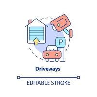 Driveways concept icon. Security alarm system abstract idea thin line illustration. Place camera above garage door. Parking surveillance. Vector isolated outline color drawing. Editable stroke