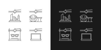 Three dimensional objects production linear icons set for dark and light mode. Furniture and music industry. Customizable thin line symbols. Isolated vector outline illustrations. Editable stroke