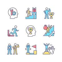 Strong motivation RGB color icons set. Accomplish goal. Fear of failure. Desire for recognition and approval. Reach aim. Isolated vector illustrations. Simple filled line drawings collection