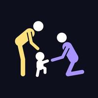 Teaching toddler to walk RGB color icon for dark theme. Baby first steps. Child motor development. Isolated vector illustration on night mode background. Simple filled line drawing on black