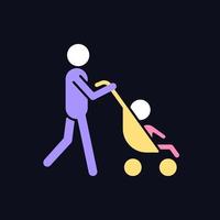 Walking with stroller RGB color icon for dark theme. Bonding time with newborn. Walk with baby carriage. Isolated vector illustration on night mode background. Simple filled line drawing on black