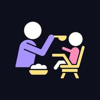 Feeding in highchair RGB color icon for dark theme. Helping baby eating. Bonding with child during mealtime. Isolated vector illustration on night mode background. Simple filled line drawing on black