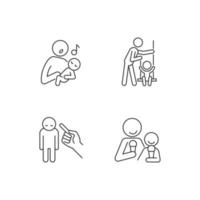 Child care linear icons set. Singing to baby. Playing on swings. Punishment gesture. Emotional bond. Customizable thin line contour symbols. Isolated vector outline illustrations. Editable stroke