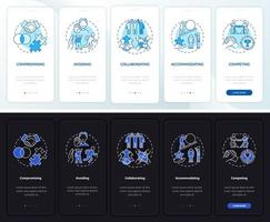 resolución de conflictos incorporando la pantalla de la página de la aplicación móvil. Tutorial de relaciones de trabajo Instrucciones gráficas de 5 pasos con conceptos. ui, ux, plantilla de vector de interfaz gráfica de usuario con ilustraciones lineales en modo día y noche