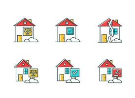 asuntos inmobiliarios conjunto de iconos de colores rgb. disputa legal de arrendamiento. litigio de propiedad, caso judicial. prueba de bienes raíces. contrato de arrendamiento, contrato. la resolución de conflictos. ilustraciones vectoriales aisladas vector