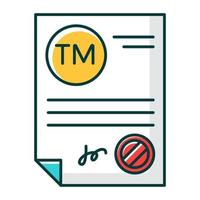 Trademark certificate RGB color icon. Certification mark. Intellectual property license. Brand name registration. Legal document with stamp. Notary services. Isolated vector illustration