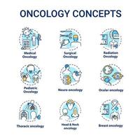 Oncology concept icons set. Cancer disease types and treatment. Medication of tumor. Healthcare idea thin line RGB color illustrations. Vector isolated outline drawings. Editable stroke