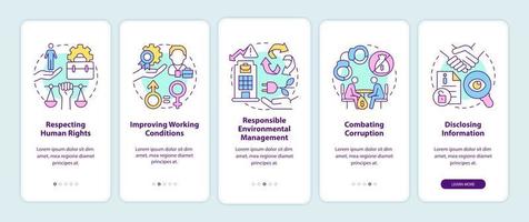 CSR issues onboarding mobile app page screen. Corporate social responsibility walkthrough 5 steps graphic instructions with concepts. UI, UX, GUI vector template with linear color illustrations