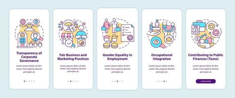 CSR matters onboarding mobile app page screen. Corporate social responsibility walkthrough 5 steps graphic instructions with concepts. UI, UX, GUI vector template with linear color illustrations