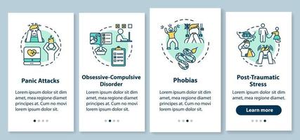 Mental disorders onboarding mobile app page screen with concepts. Psychological diseases walkthrough four steps graphic instructions. Panic attacks. UI vector template with RGB color illustrations