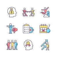 Motivation stimulus RGB color icons set. Money reward. Desire to win. Positive dynamics. Team member. Goal achievement. Isolated vector illustrations. Simple filled line drawings collection