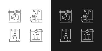 3d printed physical objects linear icons set for dark and light mode. Food products manufacturing. 3d toy models. Customizable thin line symbols. Isolated vector outline illustrations. Editable stroke