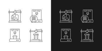 3d printed physical objects linear icons set for dark and light mode. Food products manufacturing. 3d toy models. Customizable thin line symbols. Isolated vector outline illustrations. Editable stroke