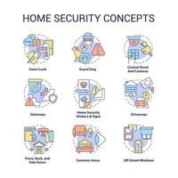 Home security concept icons set. Smart house idea thin line color illustrations. Camera surveillance. Internet of things. Burglary prevention. Vector isolated outline drawings. Editable stroke