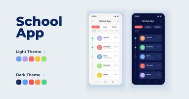 School app cartoon smartphone interface vector templates set. Education online. Mobile app screen page day and dark mode design. E learning UI for application. Phone display with flat character